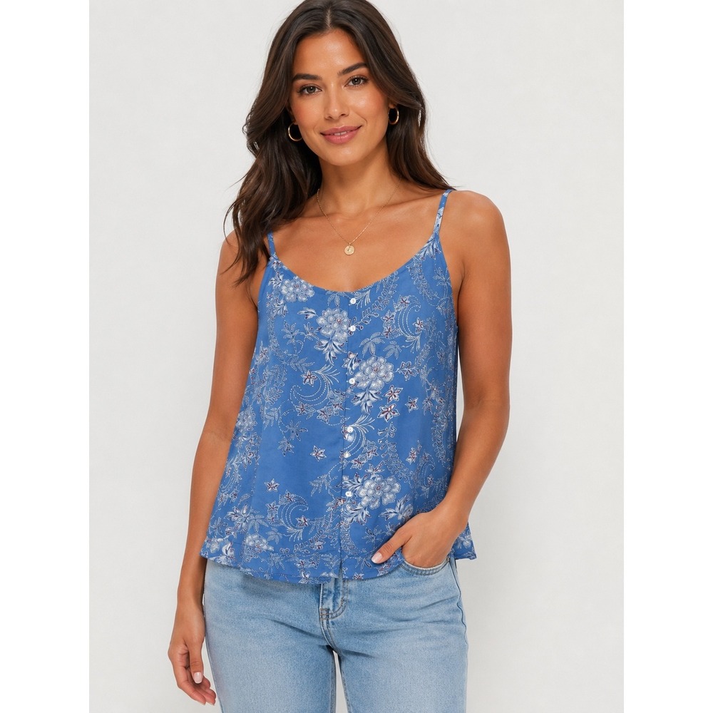 Zac & Rachel Woman Blue Floral Paisley Button Front Camisole Top 1X RN 103715